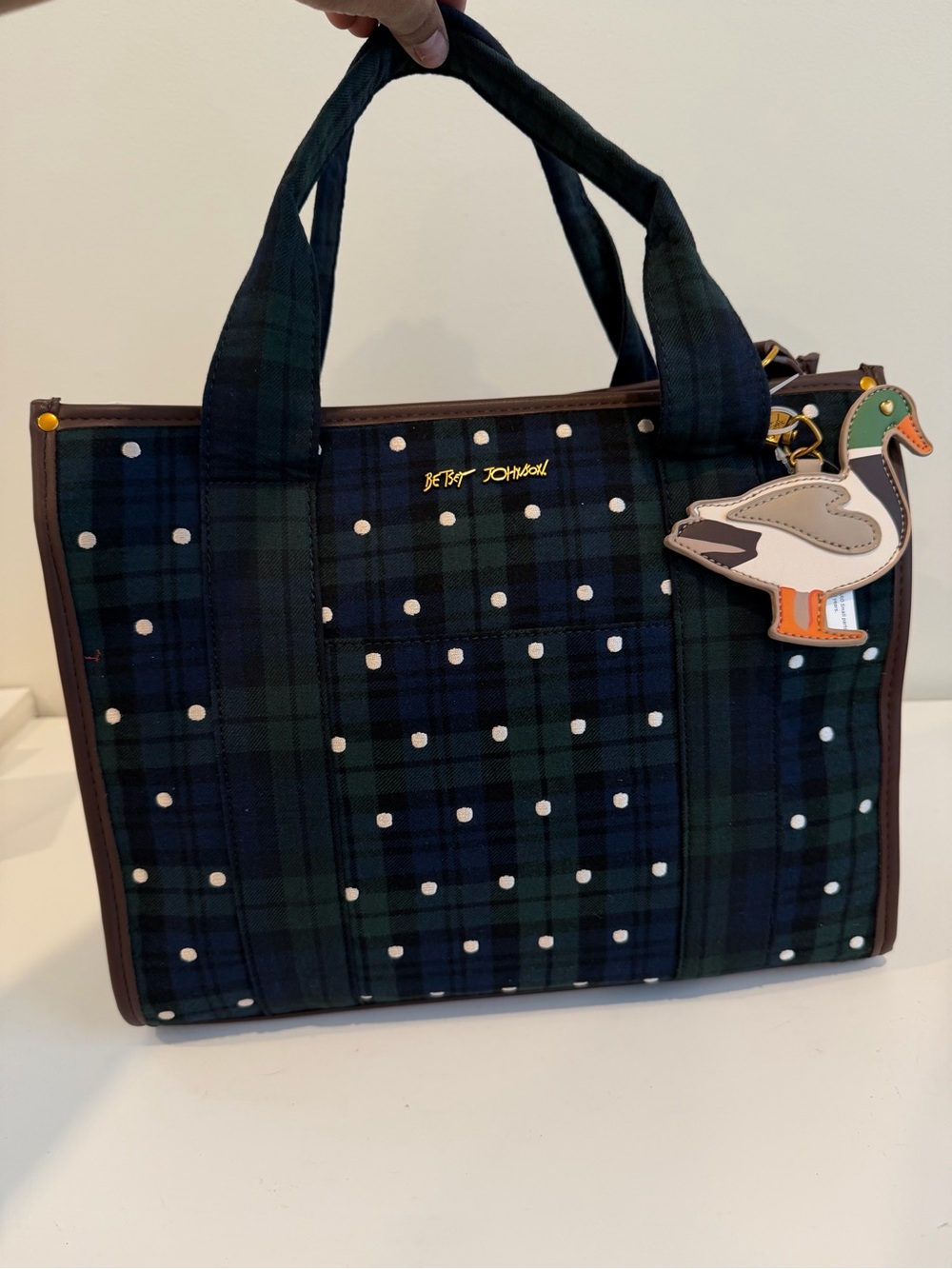 Betsey Johnson Navy and Green Plaid Tote with Polka Dots and Duck Charm